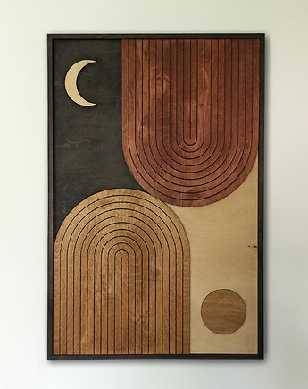 Drewniany obraz mid-century. "Słońce i księżyc".  Drewniana dekoracja boho., pracownia ReThing