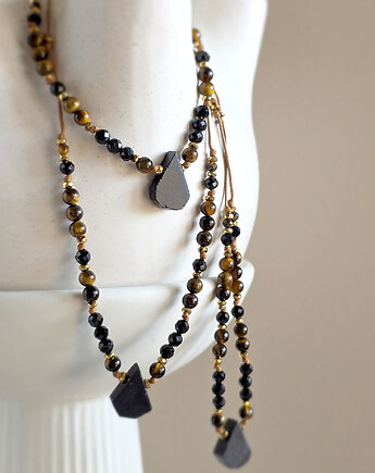 Naszyjnik czarny turmalin, tygrysie oko na sznurku, Magneska
