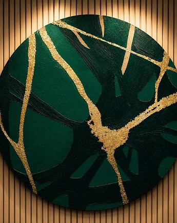 SZMARAGDOWE KONTRASTY - obraz ręcznie malowany akryl FI 70cm, art and texture