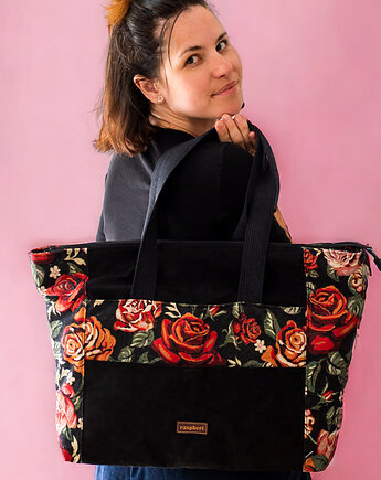 Czarna duża torba na laptopa w kwiaty, raspberi