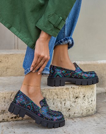 MOKASYNY NA GRUBEJ PODESZWIE-SKÓRA NATURALNA-MODEL 285-MOTYW AZTECKI, Zapato