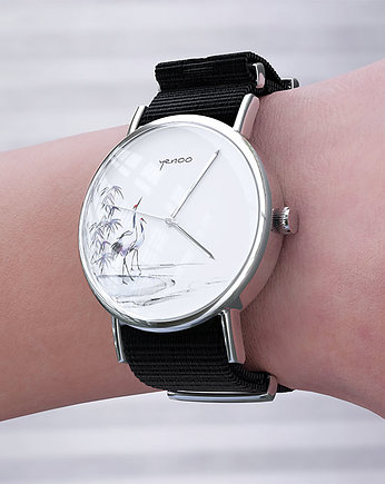 Zegarek - Japońskie żurawie - czarny, nylonowy, OSOBY - Prezent dla teścia