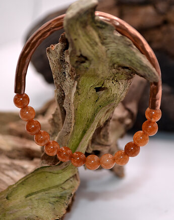 Bransoletka miedziana handmade z koralikami: sun stone, FutharkCopper