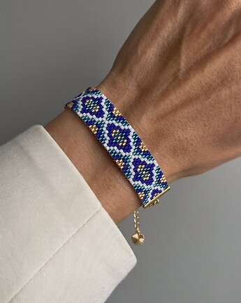 Niebieska złota bransoletka z koralików Miyuki - ornamental, Mosuki