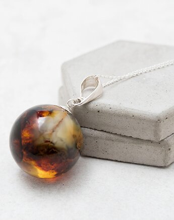 Okrągły wisiorek z czarnym bursztynem i srebrem - Kula bursztynowa - Zawieszka, Amber Charm