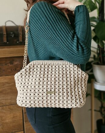 Elegancka torebka ze sznurka Bella - beżowa ze złotym połyskiem, Damariz