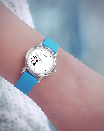 Zegarek  mały - Kotek, serce - silikonowy, niebieski