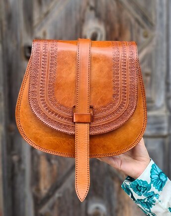 Torebka skórzana ręcznie robiona góralska Rosa na ramię wzory, SempreArte