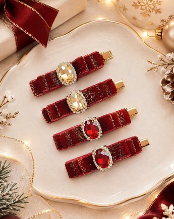 Elegancka kokarda świąteczna cyrkonia bordo opaska lub spinka, Petite Dame