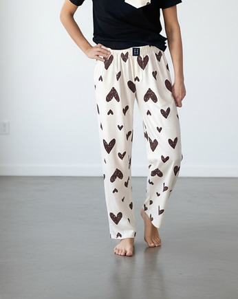 Spodnie damskie do spania piżama serca beżowe, HisOutfit