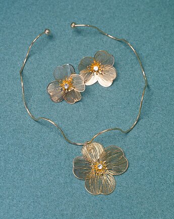 Komplet, kolczyki, kolia - duże złote kwiaty z cyrkoniami, Ade Art