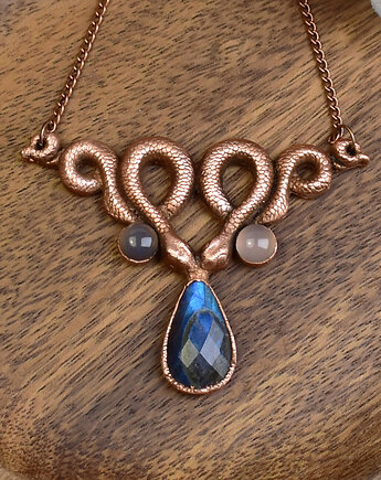 Miedziany naszyjnik z wężami, labradorytem i chalcedonem, Spirit Of Copper