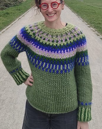 Kolorowy sweter duński 100% MERYNOS, PANAPUFA