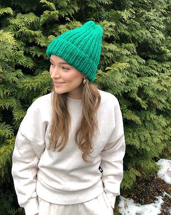 Wełniana zielona czapka Lily long 100% wełna handmade ręcznie robiona, GANGSTA KNIT