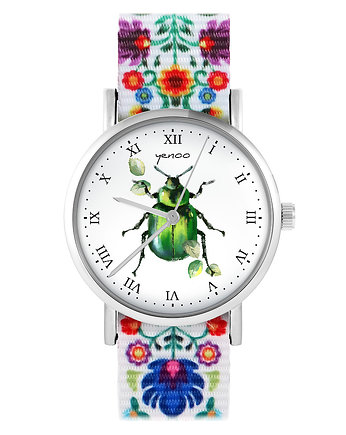 Zegarek - Zielony żuczek - folk biały, nylonowy, yenoo