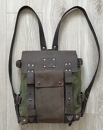 Plecak zielono-brązowy ze skóry i bawełny woskowanej Vintage., Rkabags