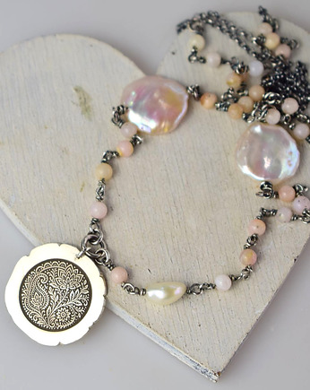 Folk  - srebrny naszyjnik z opalem różowym i perłami, Sunflower Kornelia Kubinowska