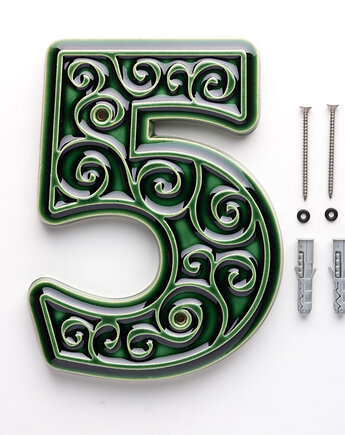 Ceramiczny numer domu, cyfra 5, zieleń butelkowa, do przykręcenia, pracowniazona