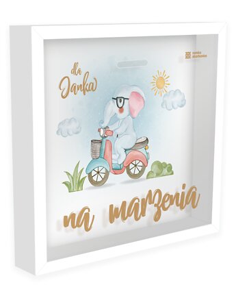 Ramka Skarbonka - Na marzenia - słonik na skuterze - z imieniem dziecka, Ramka Skarbonka