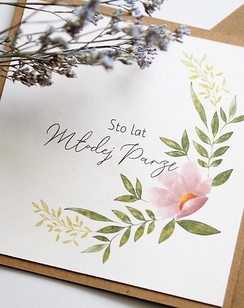 Kartka na ślub rustykalna Wianek z kwiatem i listkami, ładnie piszę pracownia