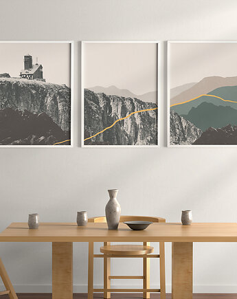 Plakaty zestaw/tryptyk góry Karkonosze, abstrakcyjne, w stylu mid-century., Grawisfera