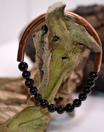 Bransoletka miedziana handmade z koralikami: granat kulka, FutharkCopper
