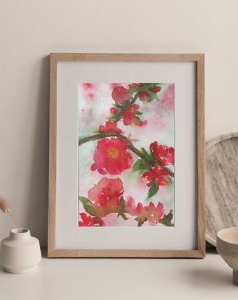 Akwarela Czerwony kwiat oryginalny obraz A5 21x15 cm, Kwitnace