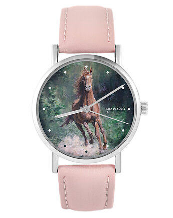 Zegarek - Koń las - skóra, pudrowy róż, yenoo