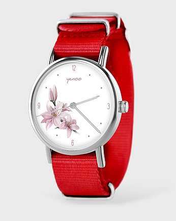 Zegarek - Różowa lilia - czerwony, nato, yenoo