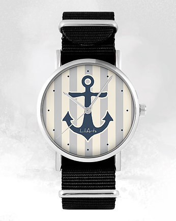 Zegarek - Szara kotwica - czarny, nylonowy, yenoo