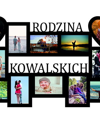 Multirama ramka na zdjęcia z napisem Rodzina  Nazwisko mdf 12 zdjęć serca, Wajdrew