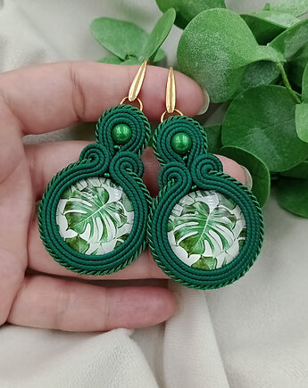 Kolczyki soutache monstera, kolczyki klipsy liście monstery, Soutacheria
