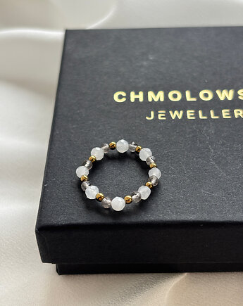 Pierścionek elastyczny Kwarc Dymny i Kamień Księżycowy, Chmolowska Jewellery