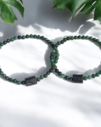 WYSYŁKA 24h - KOMPLET dla PARY : agat mszysty & czarny turmalin, kaktusia