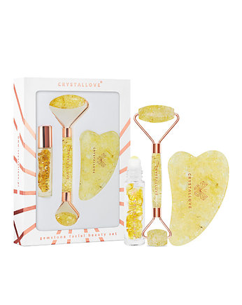 CRYSTALLOVE Citrine amber beauty set: roller do twarzy z bursztynu cytrynoweg, CRYSTALLOVE