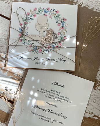 Kartka komunijna ręcznie robiona z imieniem od matki chrzestnej, sorte