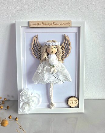 Anioł Stróż w ramce,ręcznie robiona pamiątka Komunii Chrztu, Ona Ci Zaplecie