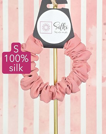 S wąska gumka do włosów jedwab naturalny scrunchie jasny róż różowa, Silki