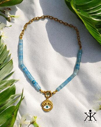 Naszyjnik handmade akwamaryn oko proroka wakacyjny vibe, Kaikki
