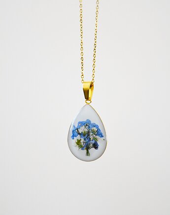 Kwiaty w żywicy biżuteria łezka bukiecik niezapominajka, Jaskółcze ziele handmade 