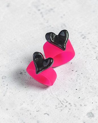 Pierścionek x2 : RAZEM TANIEJ! pierścionki z żywicy : HEART : pink & black, kaktusia