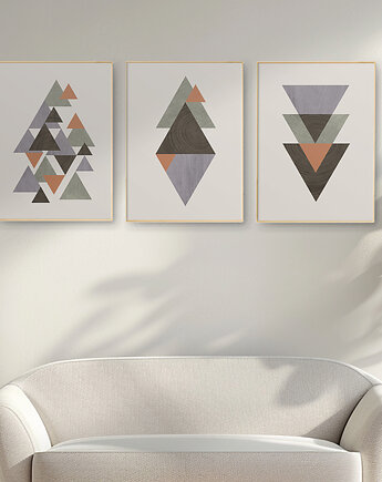 Zestaw 3 geometrycznych grafik na ścianę, skandynawski styl, nordic style., Grawisfera