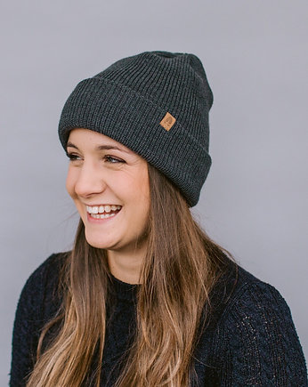 ŁOŚ - gruba wywijana wełniana czapka- grafitowy, KOPYTO