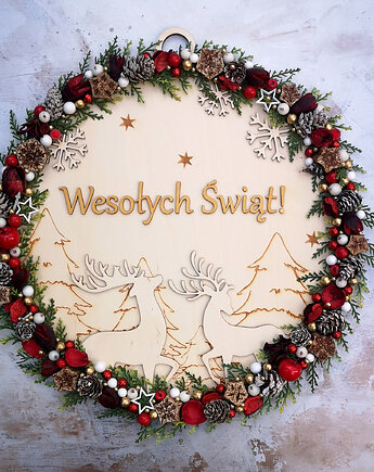 Drewniany Wianek Świąteczny z Napisem "Wesołych Świąt!", Pani Plecionka