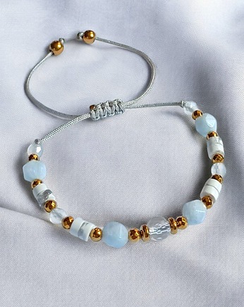 NIEBIAŃSKA bransoletka: kryształ górski, akwamaryn, howlit, agat, hematyt, kaktusia