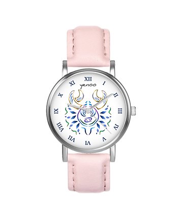 Zegarek mały - Rak - skórzany, pudrowy róż, yenoo
