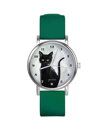 Zegarek  mały - Czarny kot - silikonowy, zielony, yenoo
