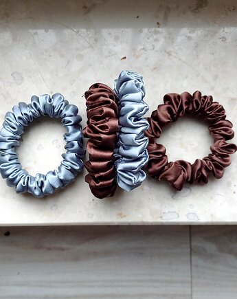 Błękit i czekolada - zestaw jedwabnych miniscrunchie, BARLA