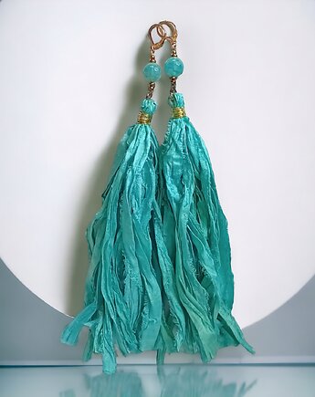 UNIKATOWE kolczyki chwosty : jedwab : ekstremalnie długie : Sari 004, kaktusia