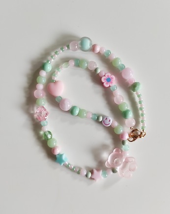 Pastelowy miętowo-różowy pudrowy naszyjnik miś koraliki choker, Lwie Jwlr